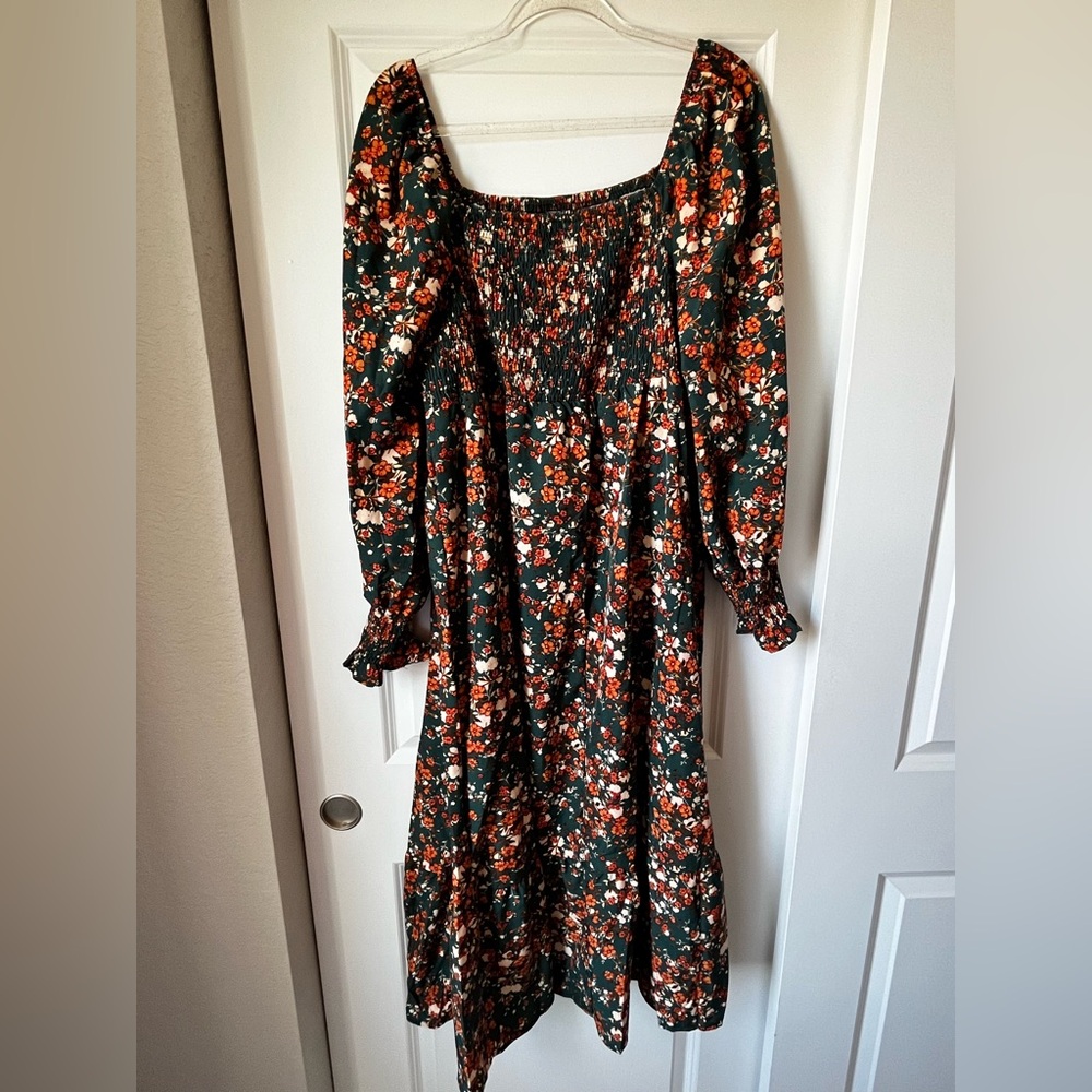 SHEIN Dark Green Floral Smocked Maxi Dress with Orange Accents